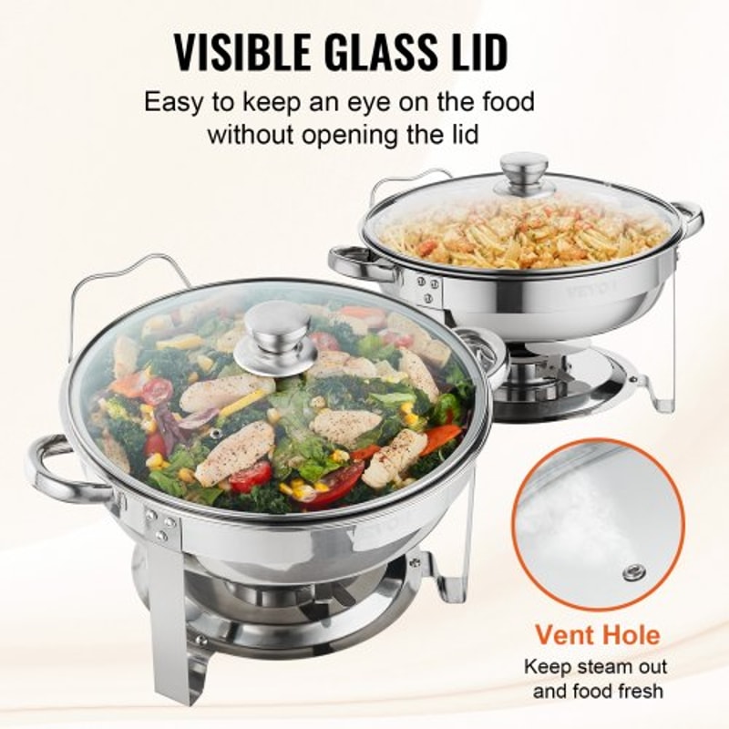 Chafing Dish Buffet Set Stainless Steel Round Food Warmers With Glass Lid 2