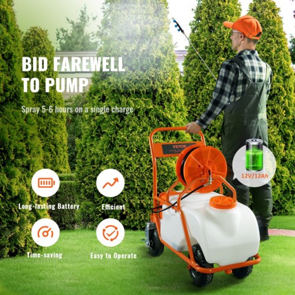 Battery Powered Lawn Sprayer Cart with Wheels, Adjustable Garden Sprayer with Nozzles