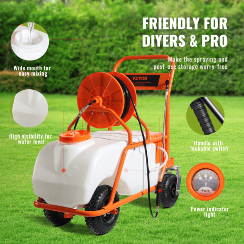 Battery Powered Lawn Sprayer Cart with Wheels, Adjustable Garden Sprayer with Nozzles