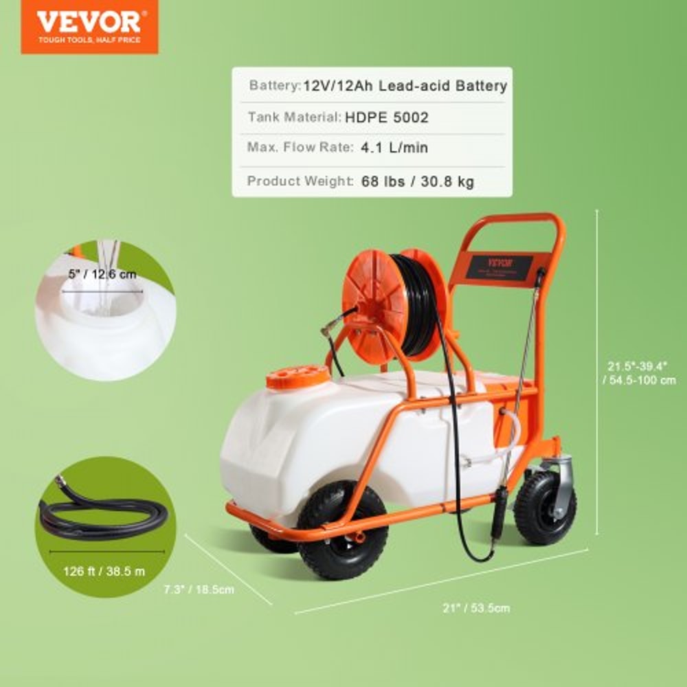 Battery Powered Lawn Sprayer Cart with Wheels, Adjustable Garden Sprayer with Nozzles