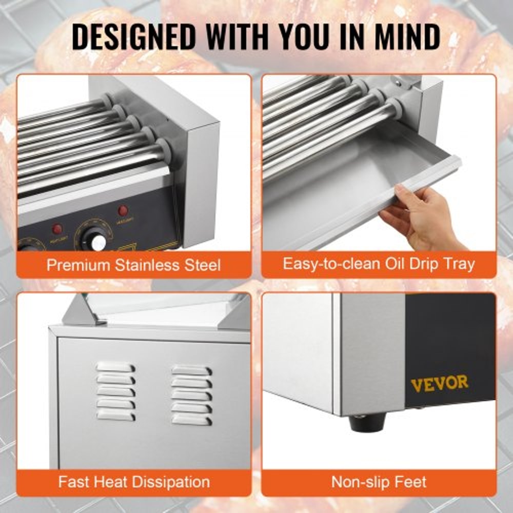 Commercial Hot Dog Roller Grill Rollers High Capacity With Bun Warmer Dual Temp Control 5