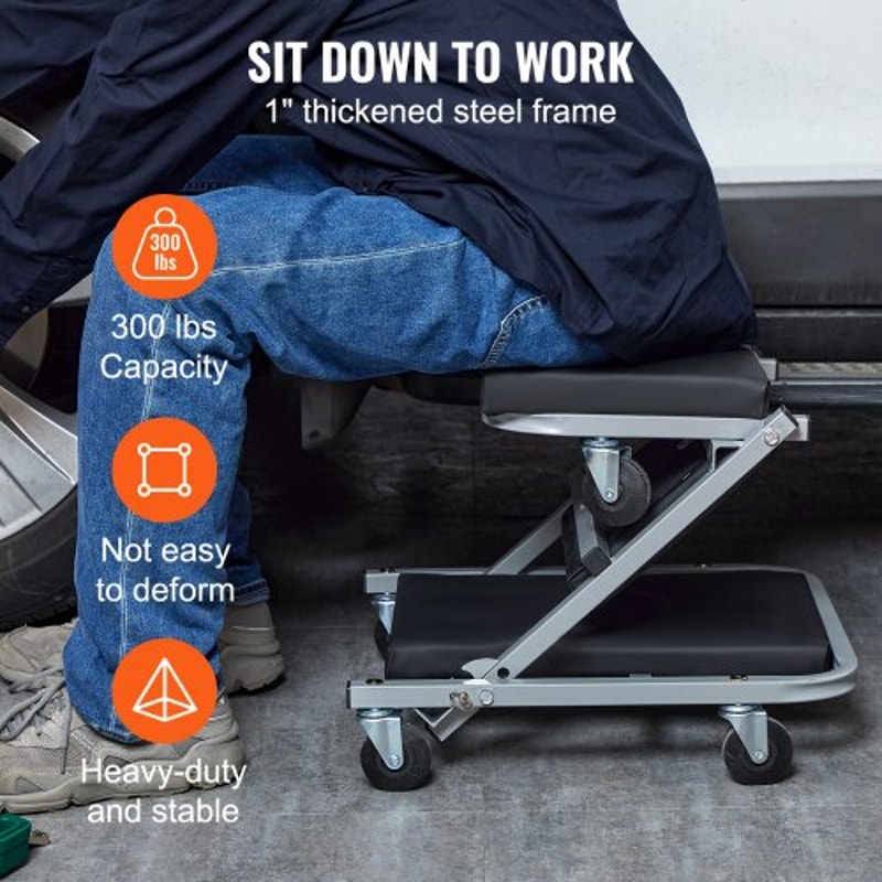 Rolling Mechanic Creeper Seat Heavy Duty Garage Stool High Lbs Capacity 3