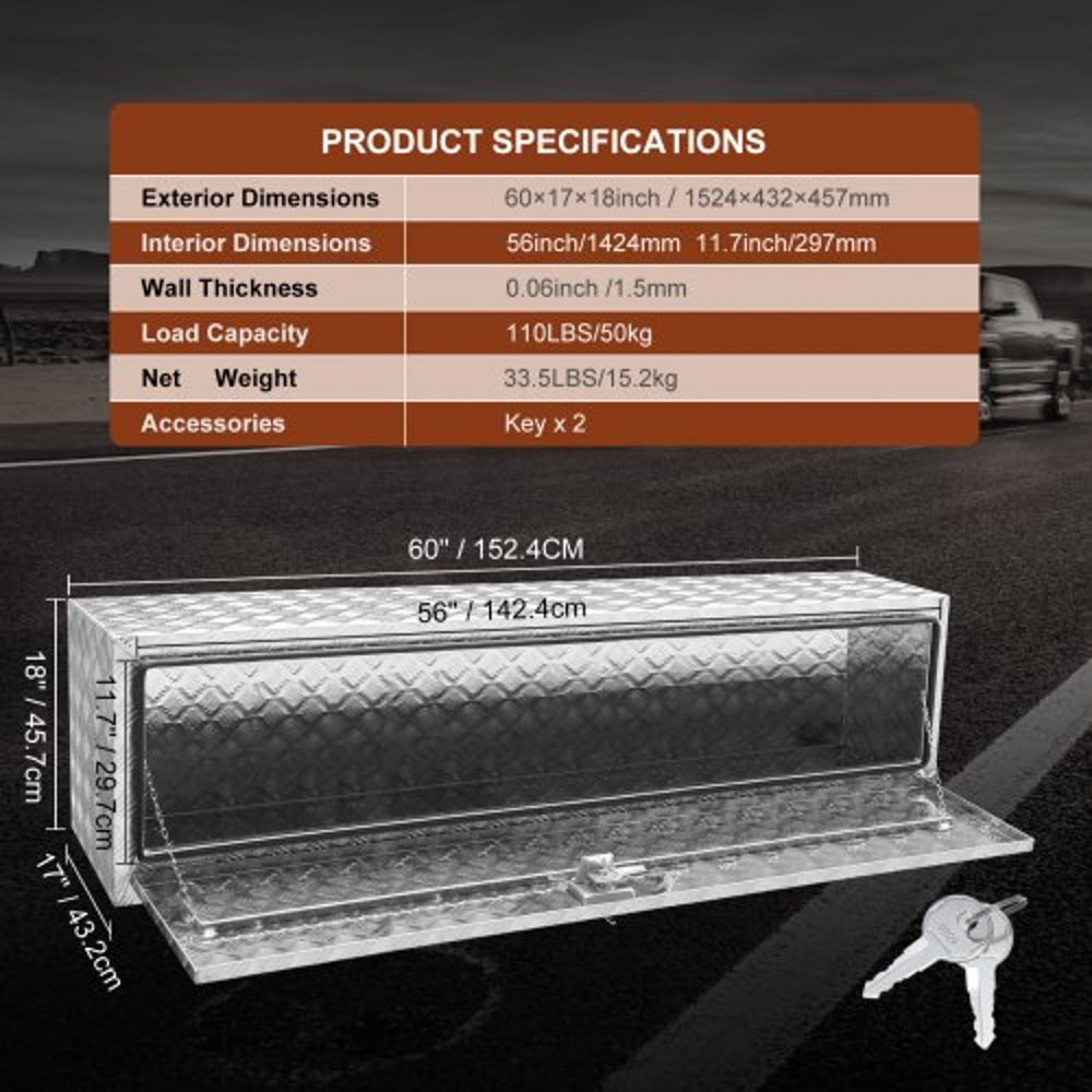 Heavy Duty Aluminum Underbody Truck Tool Box 60 Inch Waterproof Lockable Storage 6