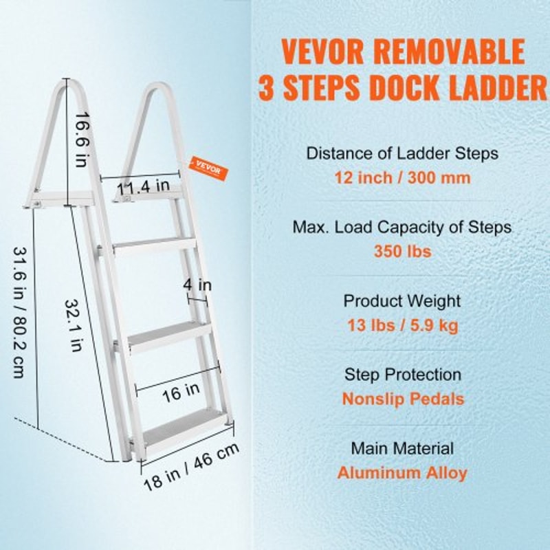 Removable Aluminum Dock Ladder Step Non Slip Pontoon Boat Ladder High lbs Capacity