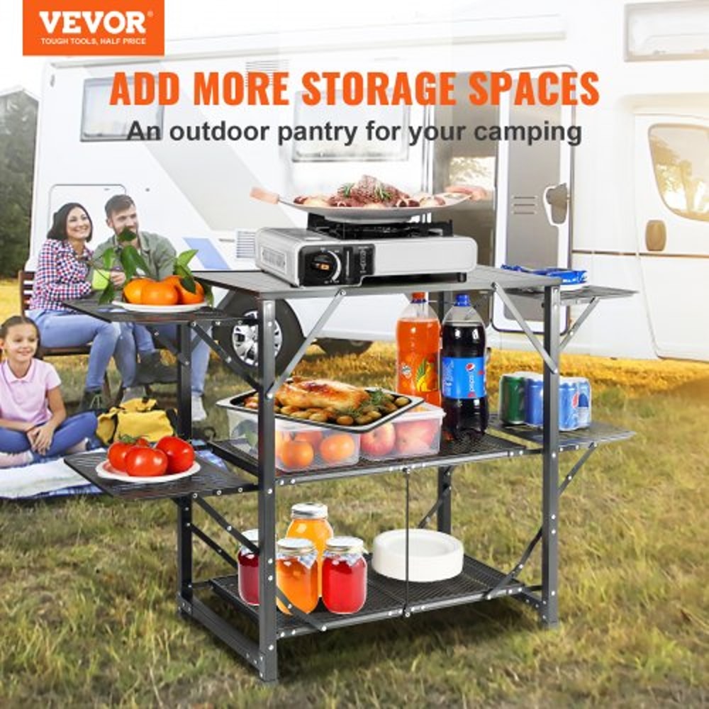 Portable Camping Kitchen Table With Shelves Side Tables Foldable Outdoor Cook Station 1