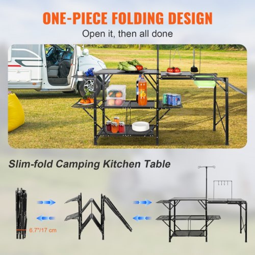Portable Camping Kitchen Table With Sink Shelves Foldable Outdoor Cooking Station 3
