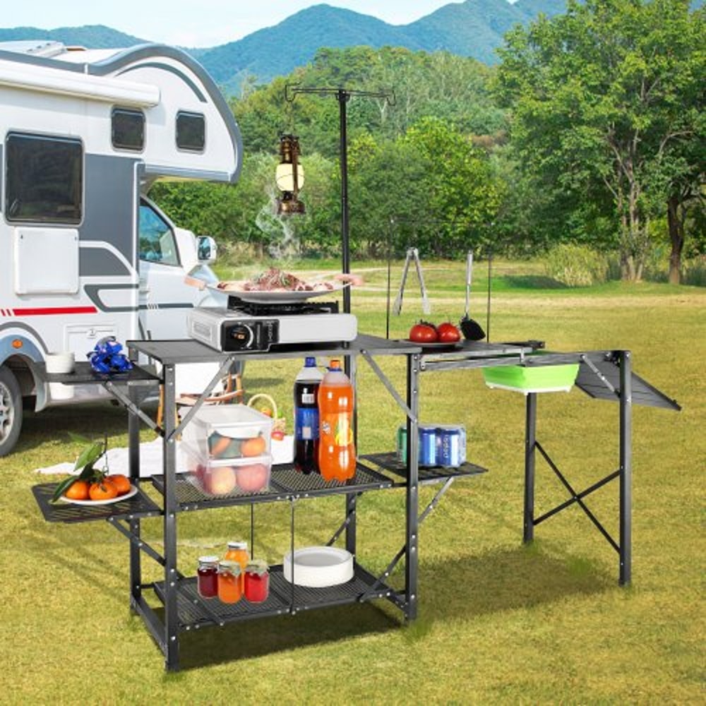 Portable Camping Kitchen Table With Sink Shelves Foldable Outdoor Cooking Station 6