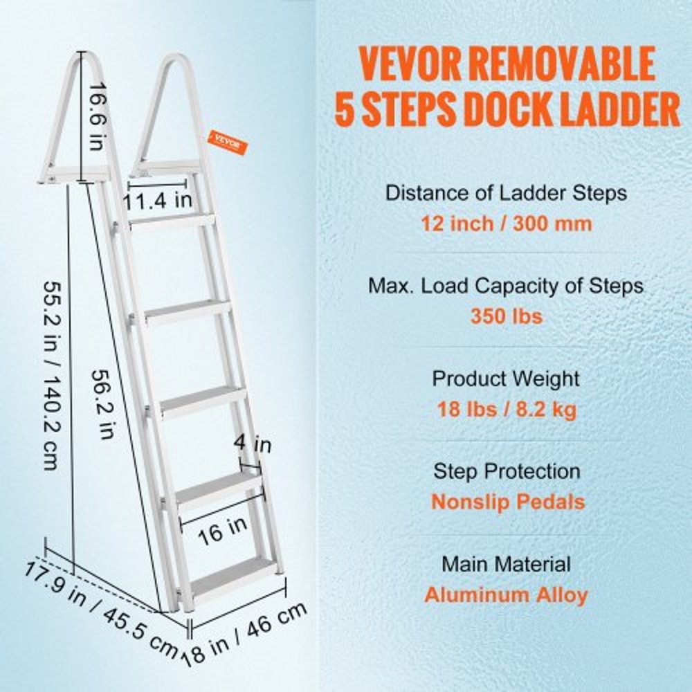 Removable Step Aluminum Dock Ladder with Non-Slip Wide Steps & High lb Capacity for Boats & Pools