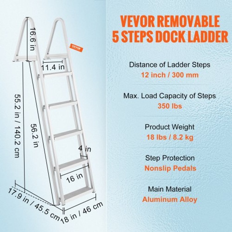 Removable Step Aluminum Dock Ladder with Non-Slip Wide Steps & High lb Capacity for Boats & Pools