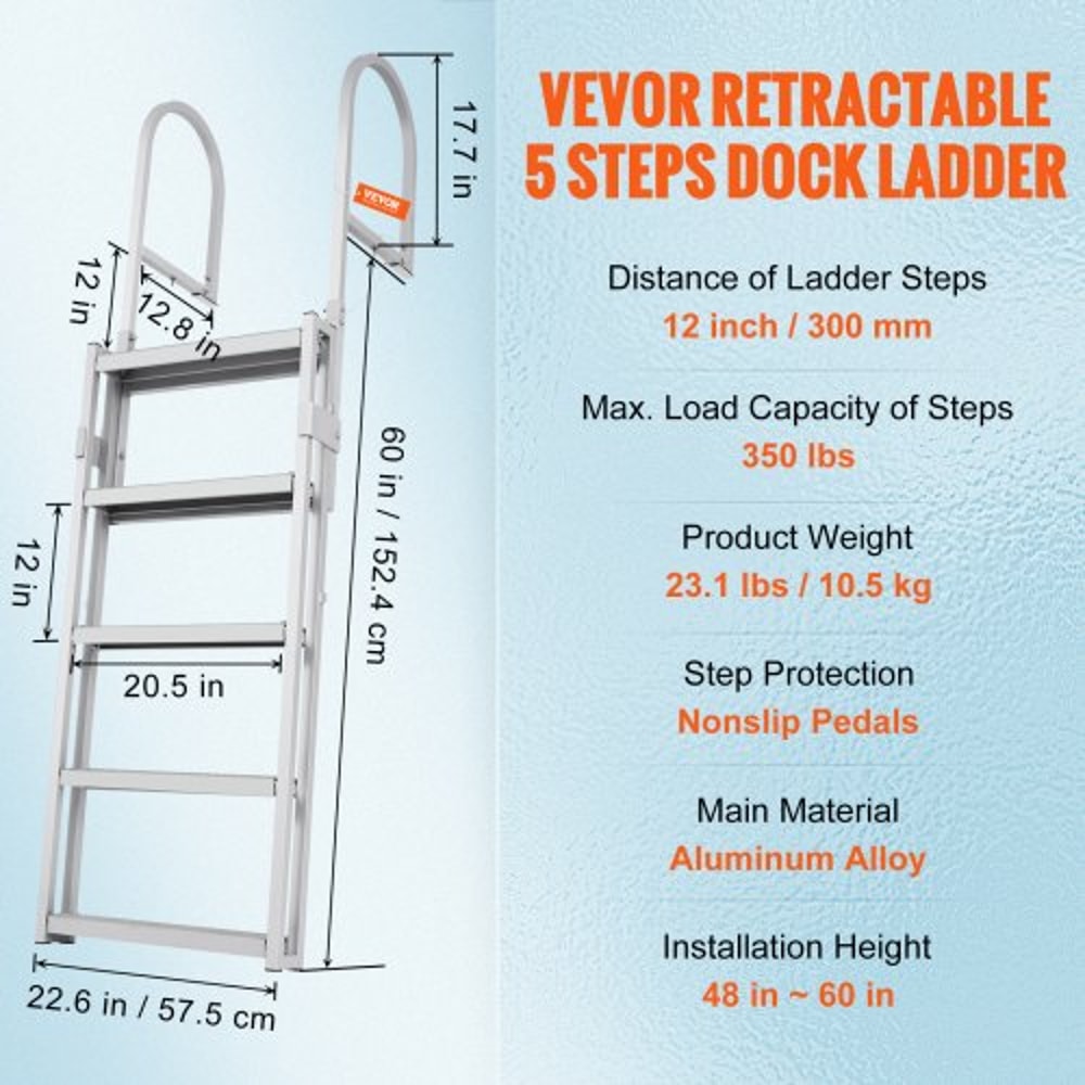Retractable Aluminum Dock Ladder Step Adjustable Marine Boat Ladder High lb Capacity