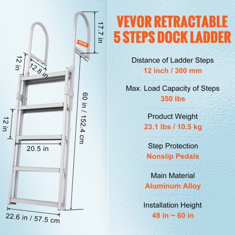 Retractable Aluminum Dock Ladder Step Adjustable Marine Boat Ladder High lb Capacity