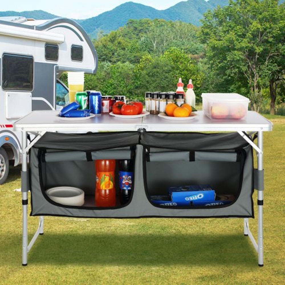 Portable Camping Kitchen Table With Storage Heights Foldable Outdoor Cooking Station For BBQ Trav 6