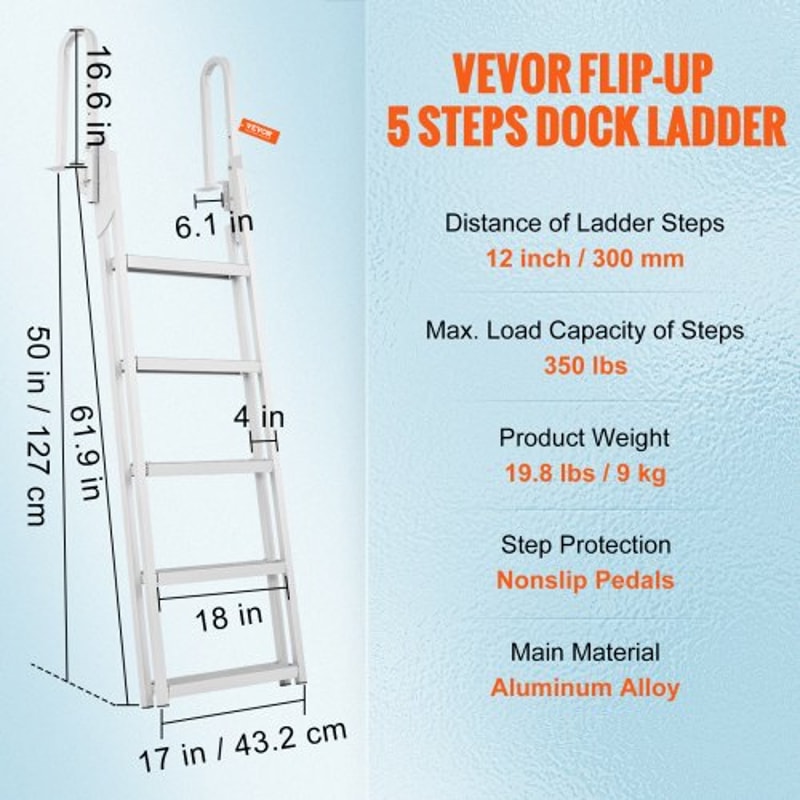 Flip-Up Aluminum Dock Ladder Step Pontoon Boat Boarding Ladder with Non Slip Wide Steps