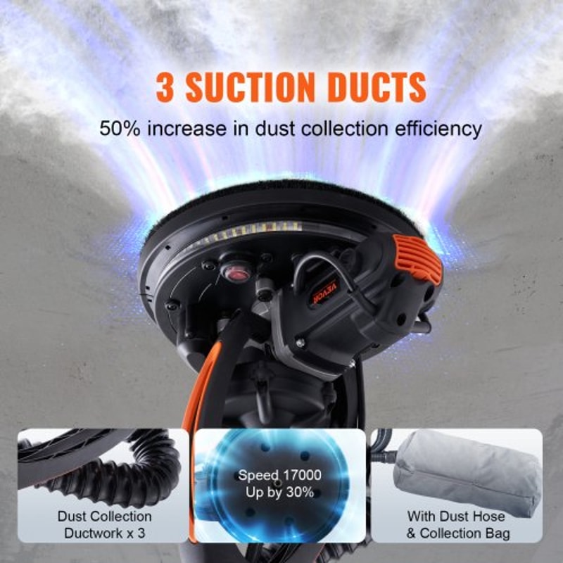 Electric Drywall Sander with Vacuum System, Variable Speed Wall & Ceiling Sander with LED Light