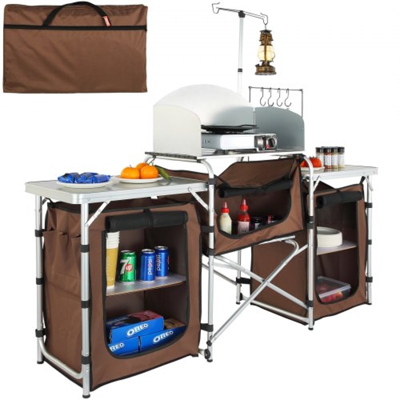 Portable Camping Kitchen Table With Storage Windscreen Aluminum Folding Cook Station 0
