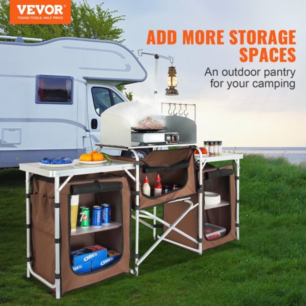 Portable Camping Kitchen Table With Storage Windscreen Aluminum Folding Cook Station 1