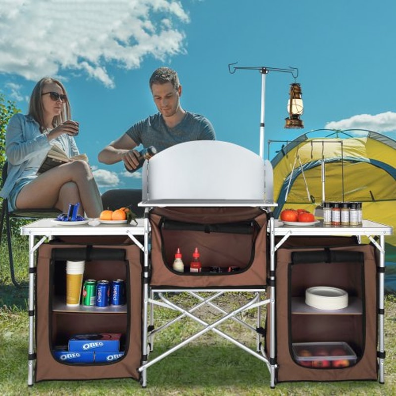Portable Camping Kitchen Table With Storage Windscreen Aluminum Folding Cook Station 5