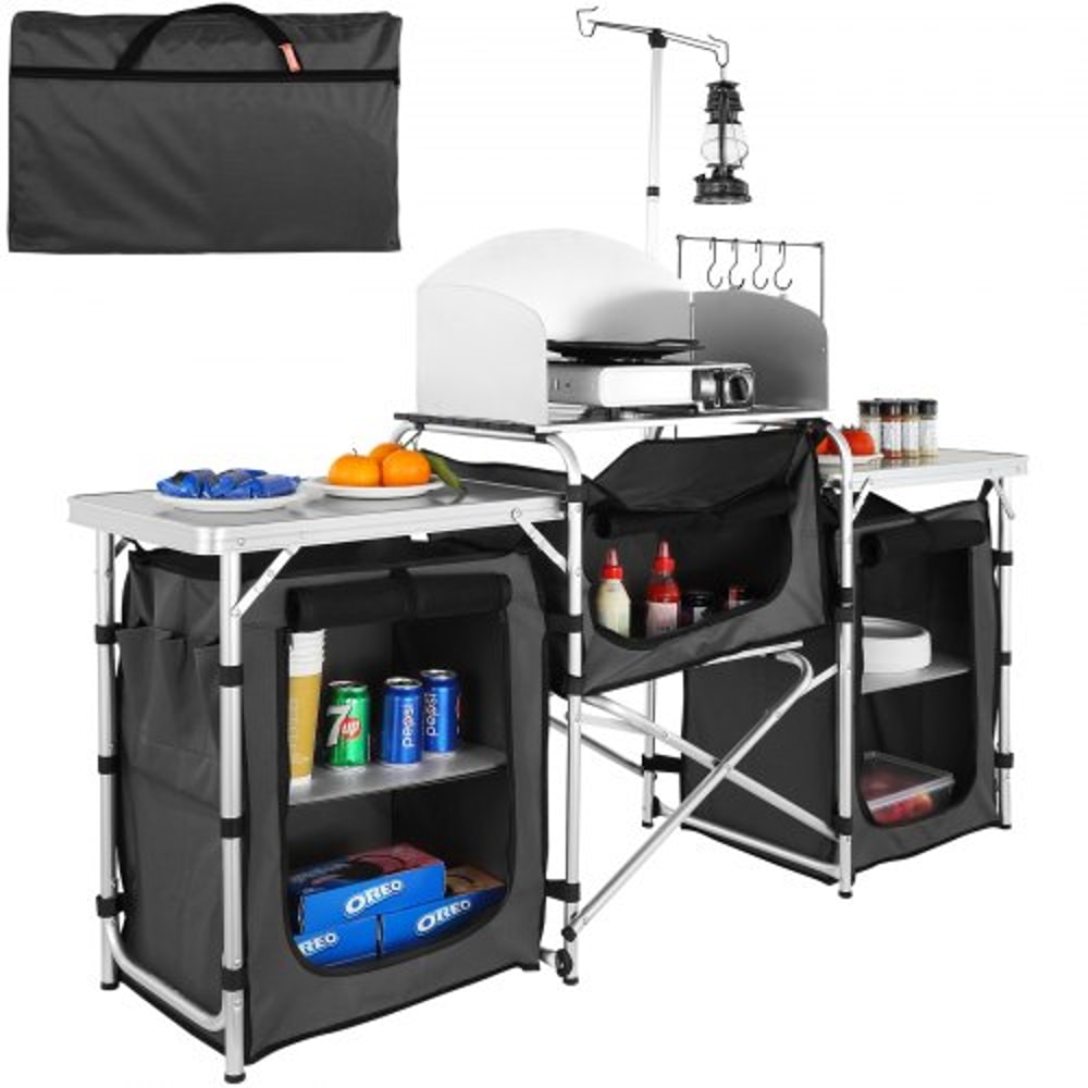 Folding Camping Kitchen Table With Storage Windscreen Portable Outdoor Cooking Station 0