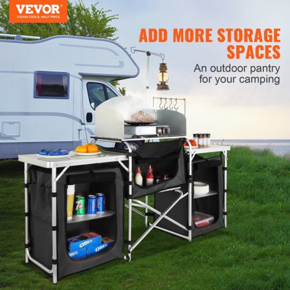 Folding Camping Kitchen Table With Storage Windscreen Portable Outdoor Cooking Station 3