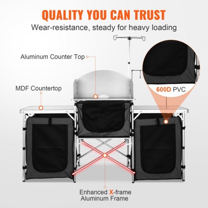 Folding Camping Kitchen Table With Storage Windscreen Portable Outdoor Cooking Station 6