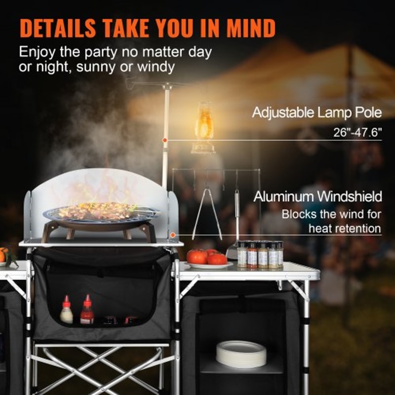 Folding Camping Kitchen Table With Storage Windscreen Portable Outdoor Cooking Station 1