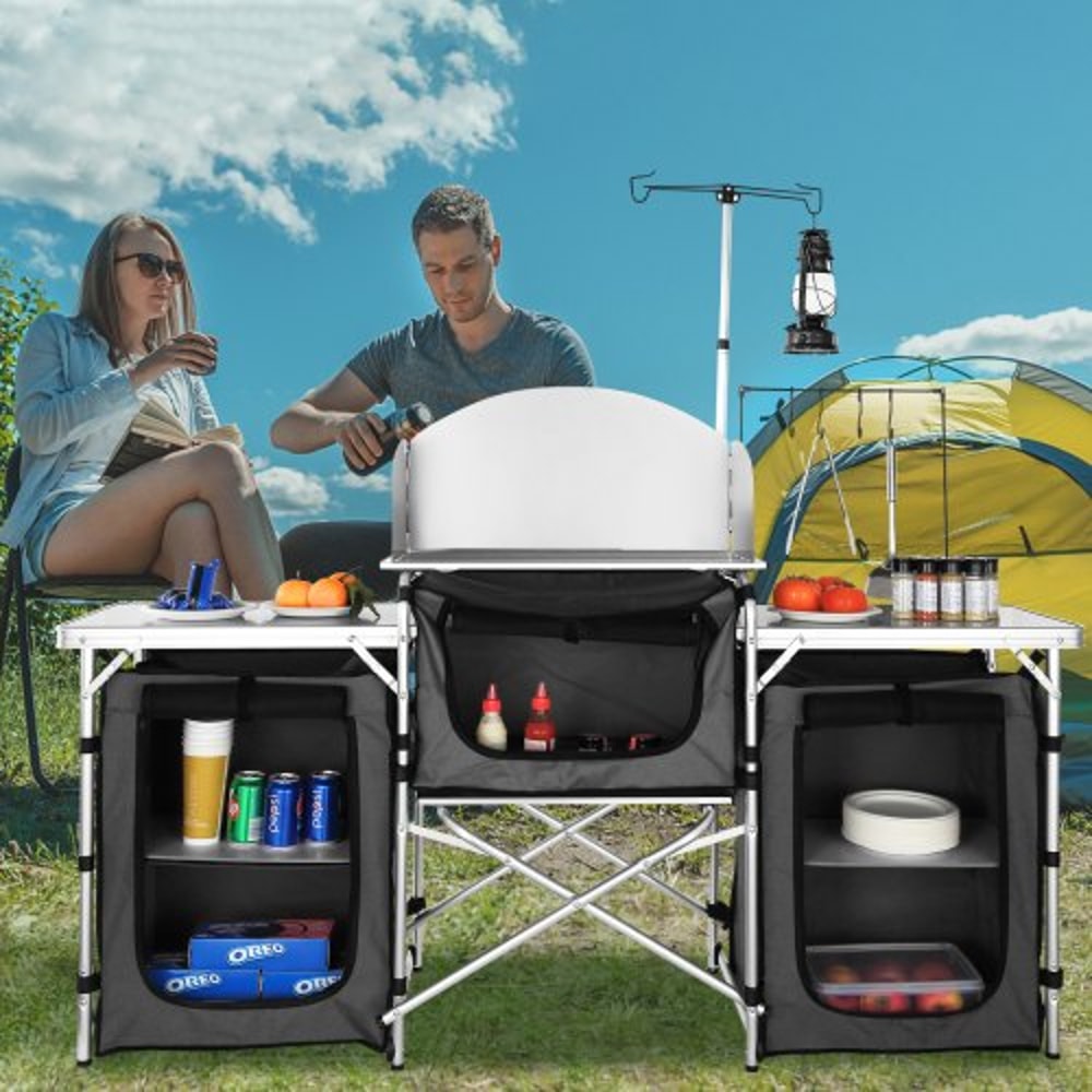 Folding Camping Kitchen Table With Storage Windscreen Portable Outdoor Cooking Station 4