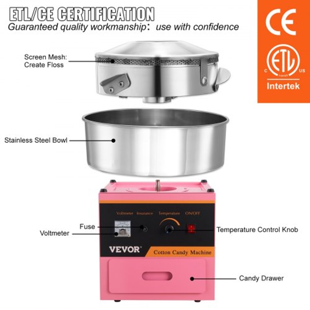 Commercial Electric Cotton Candy Machine With Temp Control Stainless Steel Bowl 5