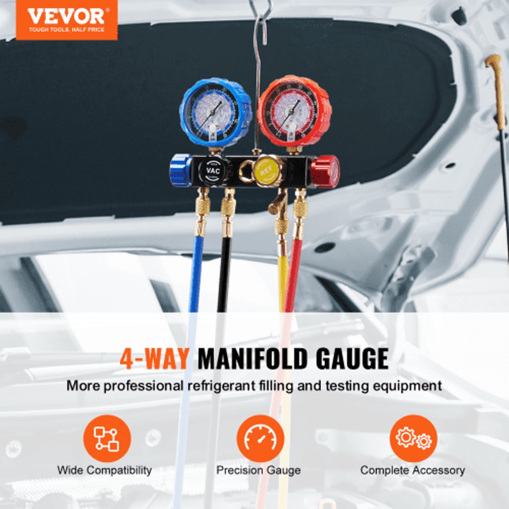 4 Way AC Manifold Gauge Set for Refrigerants with Hoses