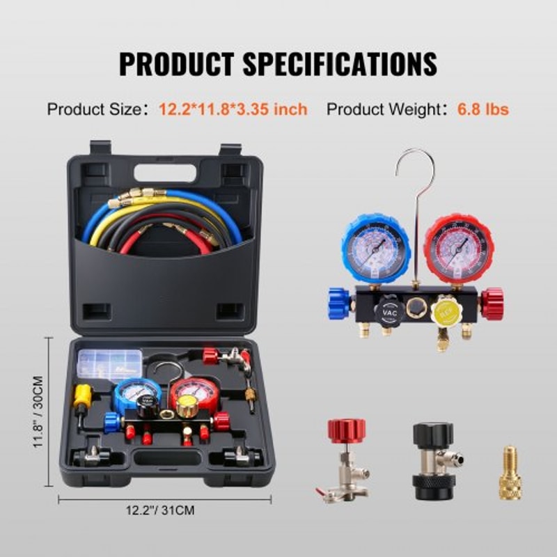 4 Way AC Manifold Gauge Set for Refrigerants with Hoses