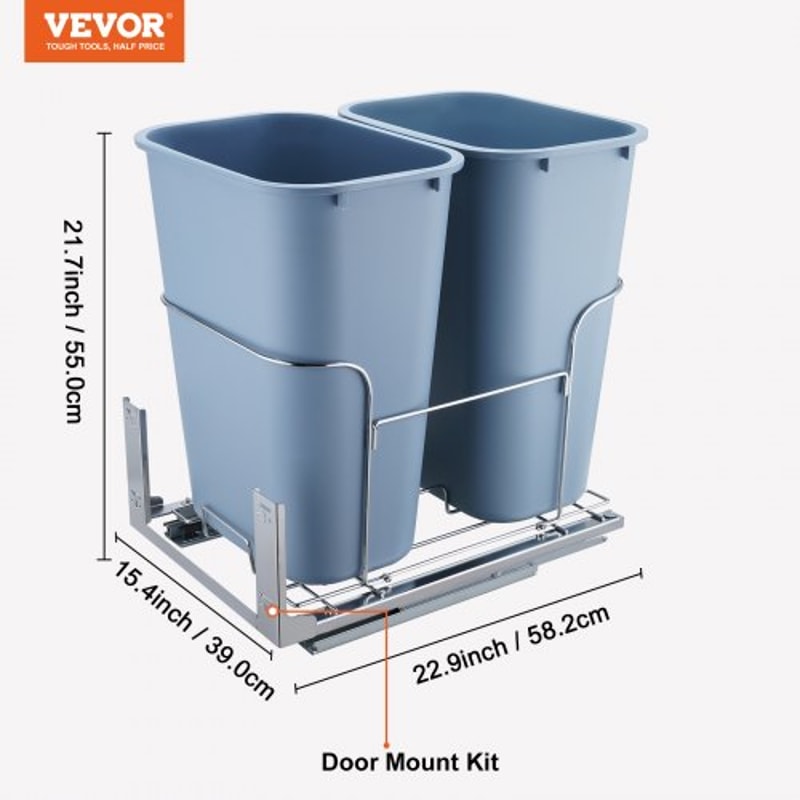 37QT Double Pull Out Trash Can with Soft Close Slides and Dual Recycling Bins for Kitchen Cabinets