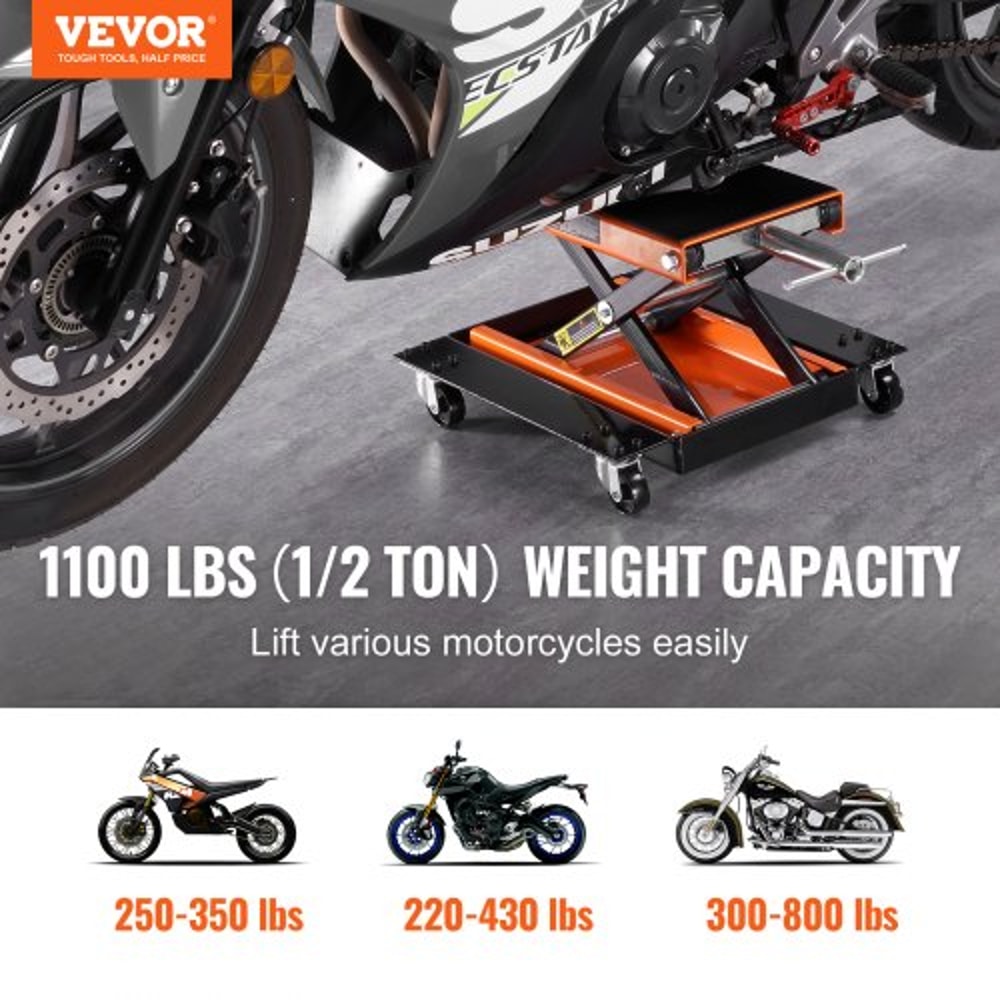 1100LB Motorcycle Lift ATV Scissor Jack With Dolly Wide Deck Hand Crank Stand 1