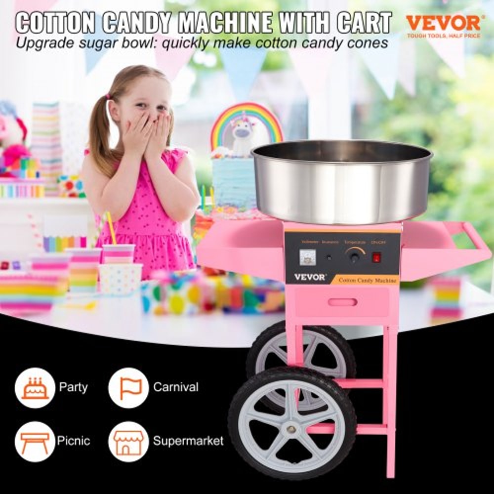 Commercial Cotton Candy Machine With Cart 1000W Candy Floss Maker For Parties Events 4