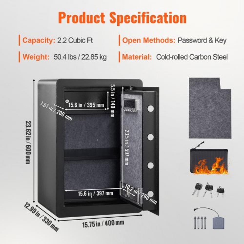 2.2 Cu Ft Biometric Safe with Digital Keypad & Fireproof Document Bag for Home Security