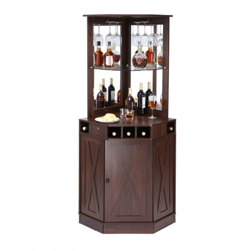 Industrial Corner Bar Cabinet With Wine Rack Glass Holder Farmhouse Storage Shelf 0