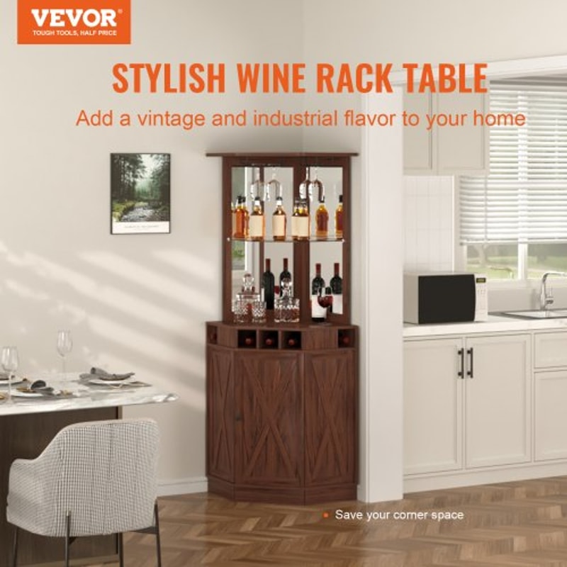 Industrial Corner Bar Cabinet With Wine Rack Glass Holder Farmhouse Storage Shelf 1
