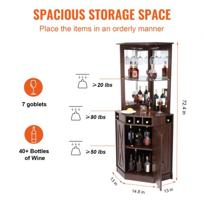 Industrial Corner Bar Cabinet With Wine Rack Glass Holder Farmhouse Storage Shelf 4