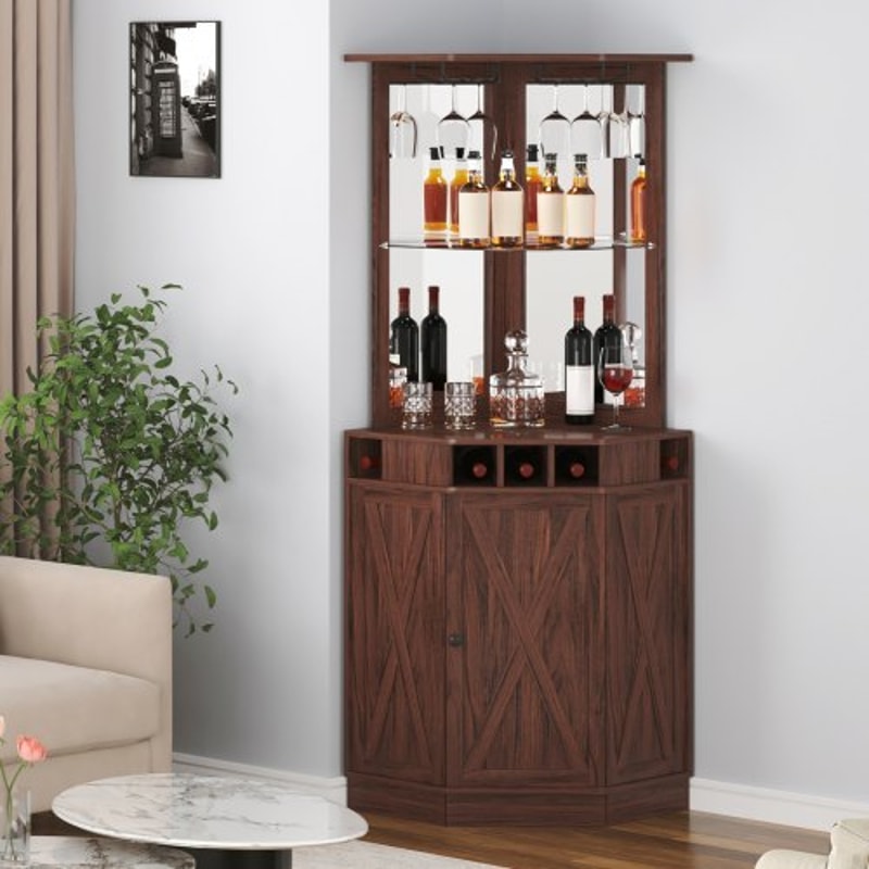 Industrial Corner Bar Cabinet With Wine Rack Glass Holder Farmhouse Storage Shelf 6