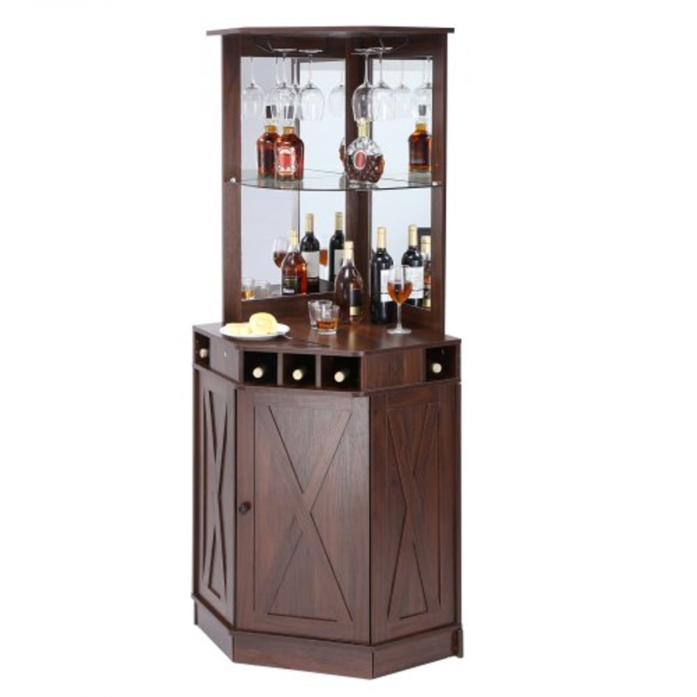 Industrial Corner Bar Cabinet With Wine Rack Glass Holder Farmhouse Storage Shelf 8