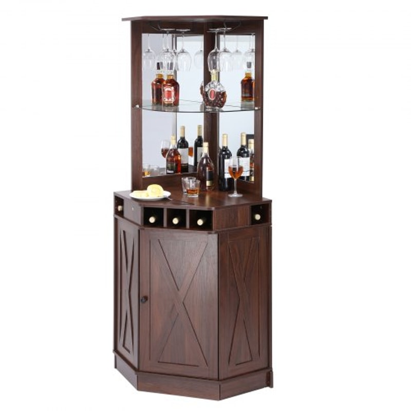 Industrial Corner Bar Cabinet With Wine Rack Glass Holder Farmhouse Storage Shelf 8