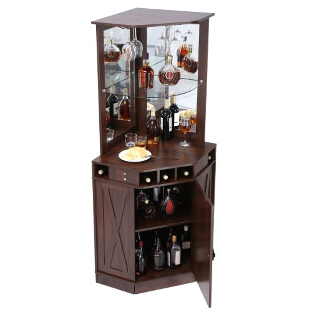 Industrial Corner Bar Cabinet With Wine Rack Glass Holder Farmhouse Storage Shelf 9