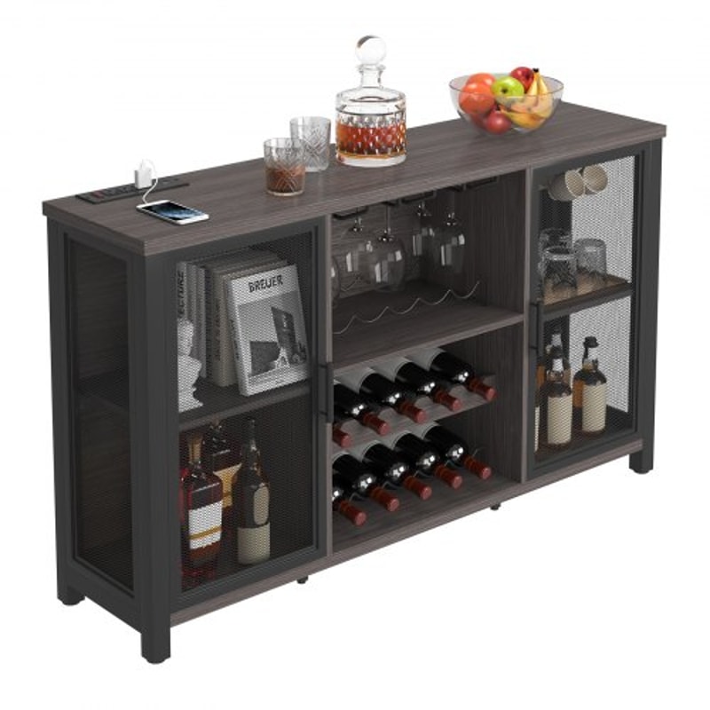Rustic Industrial Bar Cabinet With Power Outlets Wine Rack Coffee Station Storage 0