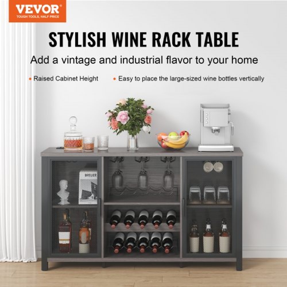 Rustic Industrial Bar Cabinet With Power Outlets Wine Rack Coffee Station Storage 1