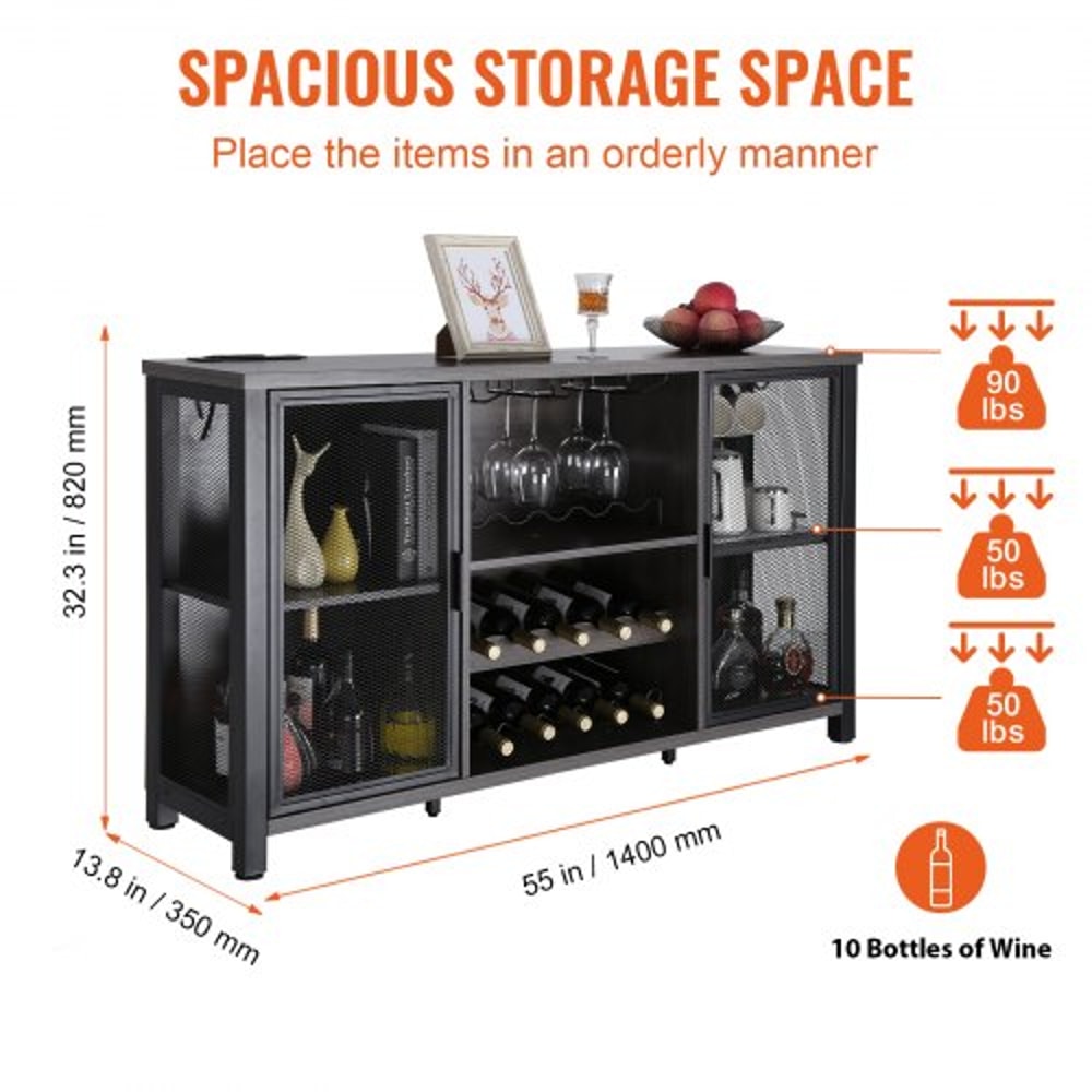 Rustic Industrial Bar Cabinet With Power Outlets Wine Rack Coffee Station Storage 6