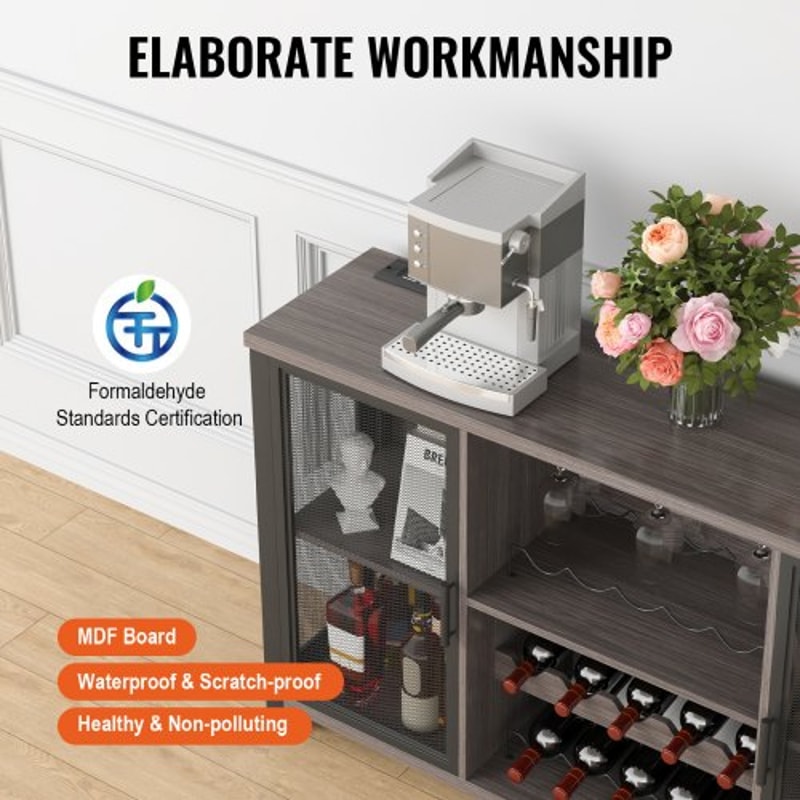 Rustic Industrial Bar Cabinet With Power Outlets Wine Rack Coffee Station Storage 4