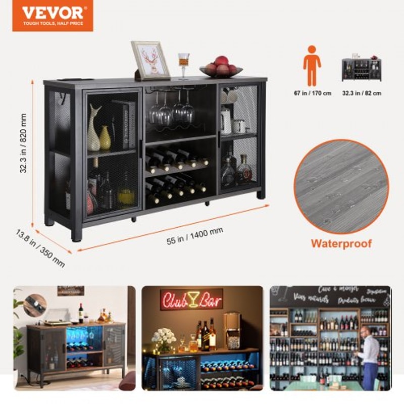 Rustic Industrial Bar Cabinet With Power Outlets Wine Rack Coffee Station Storage 5