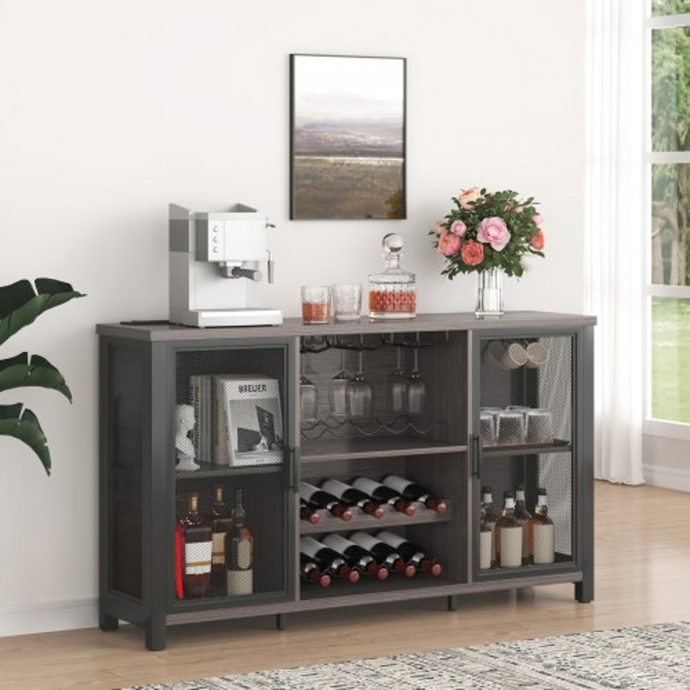 Rustic Industrial Bar Cabinet With Power Outlets Wine Rack Coffee Station Storage 7