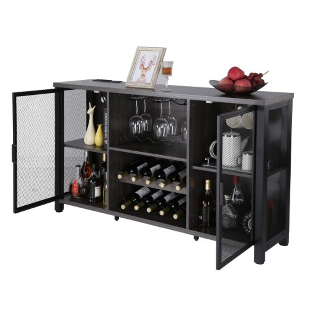 Rustic Industrial Bar Cabinet With Power Outlets Wine Rack Coffee Station Storage 8