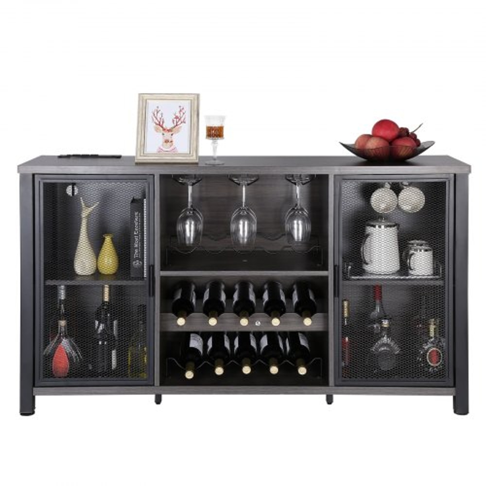 Rustic Industrial Bar Cabinet With Power Outlets Wine Rack Coffee Station Storage 9