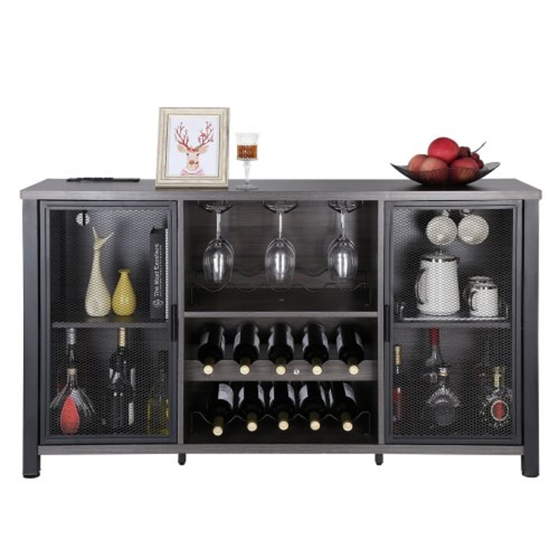 Rustic Industrial Bar Cabinet With Power Outlets Wine Rack Coffee Station Storage 9