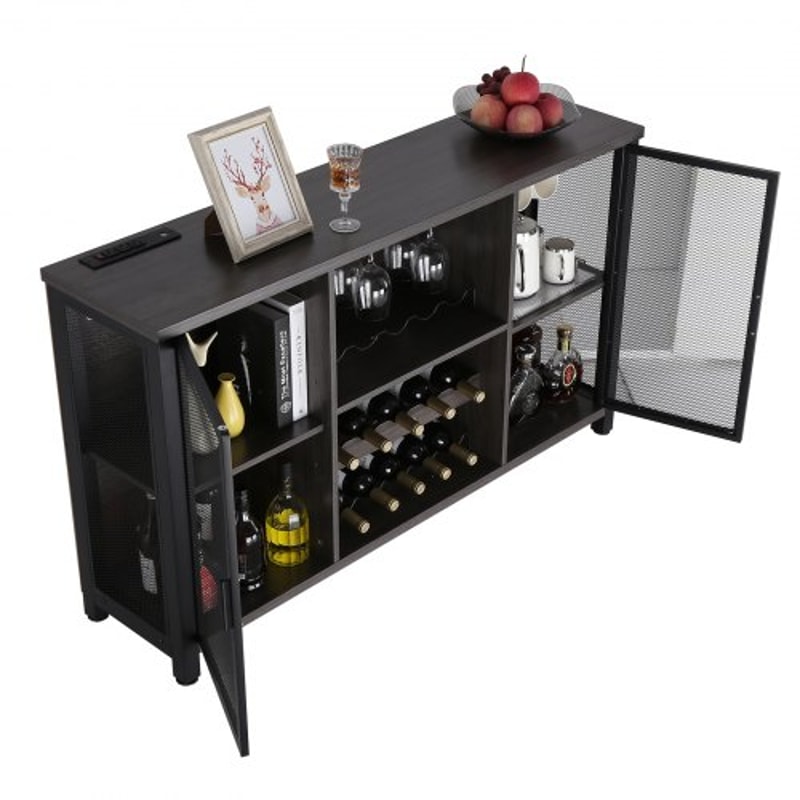 Rustic Industrial Bar Cabinet With Power Outlets Wine Rack Coffee Station Storage 10